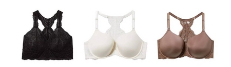 'Product lineup showing two bras on white background displayed back view. Left: black lace bralette with racerback design featuring sheer lace panel inserts and scalloped trim. Right: white or ivory underwire bra with smooth cups, lace racerback panel, and adjustable straps.'