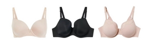 'Product lineup showing three underwire bras on white background displayed front view. Left: ivory or off-white bra with smooth molded cups, small decorative detail at center front, and adjustable straps. Center: black bra with smooth molded cups and adjustable straps. Right: light pink bra with smooth molded cups, lace trim detail on side panels, and adjustable straps.'