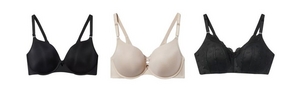 'Product lineup showing three bras on white background displayed front view. Left: black wireless bra with smooth cups, small decorative detail at center V-neckline, and adjustable straps. Center: light beige or ivory underwire bra with smooth molded cups, decorative details at center front, and adjustable straps. Right: black lace underwire bra with full lace coverage on cups, scalloped trim along top edge, and adjustable straps.'