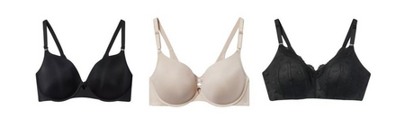 'Product lineup showing three bras on white background displayed front view. Left: black wireless bra with smooth cups, small decorative detail at center V-neckline, and adjustable straps. Center: light beige or ivory underwire bra with smooth molded cups, decorative details at center front, and adjustable straps. Right: black lace underwire bra with full lace coverage on cups, scalloped trim along top edge, and adjustable straps.'