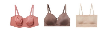 A'Product lineup showing three bras on white background displayed front view. Left: coral or salmon pink underwire bra with smooth satin-finish molded cups and adjustable straps. Center: medium brown or taupe wireless bra with smooth molded cups, small decorative detail at center front, and adjustable straps. Right: light beige ribbed wireless bra with bandeau-style straight neckline and adjustable straps.'