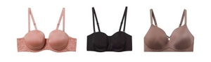 'Three bras displayed flat on a white background. From left to right: a dusty rose pink strapless bra with smooth molded cups, lace side wings, and attached straps, a black strapless bra with smooth molded cups and attached wide straps, and a taupe brown t-shirt bra with smooth molded cups, a small keyhole detail at center gore, and adjustable straps.
