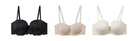 'Product lineup showing three underwire bras on white background displayed front view. Left: black bra with smooth molded cups, lace trim along bottom edge and sides, and adjustable straps. Center: light pink or blush bra with full lace coverage on cups, scalloped edges, and adjustable straps. Right: ivory or off-white bra with smooth molded cups, lace trim along bottom edge, and adjustable straps.'