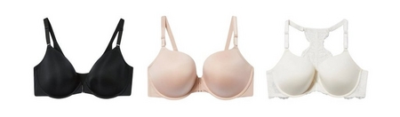 'Product lineup showing three underwire bras on white background displayed front view. Left: black bra with smooth molded cups, front clasp closure visible at center, and adjustable straps. Center: light pink or blush bra with smooth molded cups, small decorative detail at center front, and adjustable straps. Right: ivory or off-white bra with smooth molded cups, lace trim on racerback panel visible, and adjustable straps.'