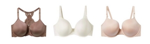 Three bras displayed flat on a white background. From left to right: a black lace-covered strapless bra with molded cups and attached wide straps, a blush pink strapless bra with smooth molded cups, lace band detail, and attached straps, and a cream-colored strapless bra with smooth molded cups, lace scalloped band detail, and attached straps.
