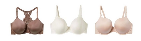 Three bras displayed flat on a white background. From left to right: a black lace-covered strapless bra with molded cups and attached wide straps, a blush pink strapless bra with smooth molded cups, lace band detail, and attached straps, and a cream-colored strapless bra with smooth molded cups, lace scalloped band detail, and attached straps.