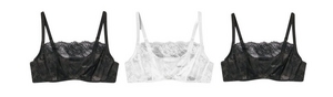 'Product lineup showing two wireless bralettes on white background displayed front view. Left: black lace bralette with full lace coverage, scalloped trim along top edge, and adjustable straps. Right: white lace bralette with full lace coverage, scalloped trim along top edge, and adjustable straps.'