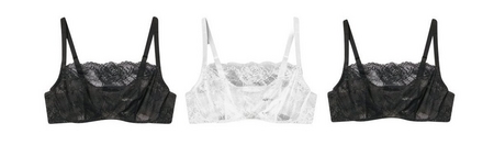 'Product lineup showing two wireless bralettes on white background displayed front view. Left: black lace bralette with full lace coverage, scalloped trim along top edge, and adjustable straps. Right: white lace bralette with full lace coverage, scalloped trim along top edge, and adjustable straps.'