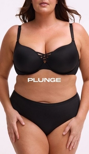 Model shown from chin to mid-thigh against a light pink background, wearing a black plunge bra with molded cups, adjustable straps, and a crisscross lattice detail at the center gore, paired with black mid-rise briefs. Model has long straight brown hair falling over shoulders and one hand resting on hip. White text overlay reads 'PLUNGE' across the midsection.