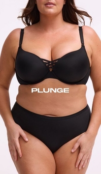 Model shown from chin to mid-thigh against a light pink background, wearing a black plunge bra with molded cups, adjustable straps, and a crisscross lattice detail at the center gore, paired with black mid-rise briefs. Model has long straight brown hair falling over shoulders and one hand resting on hip. White text overlay reads 'PLUNGE' across the midsection.