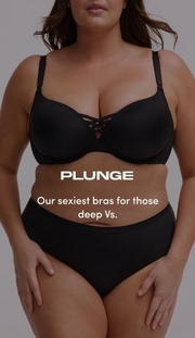 Model shown from chin to mid-thigh against a light gray background, wearing a black plunge bra with molded cups, adjustable straps, and a crisscross lattice detail at the center gore, paired with black mid-rise briefs. Model has long straight brown hair falling over shoulders. White text overlay reads 'PLUNGE' with subtext below reading 'Our sexiest bras for those deep Vs.'