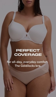 Model shown from chin to upper thigh against a light gray background, wearing a white t-shirt bra with molded cups, adjustable straps, and a small keyhole detail at center gore, paired with nude pink bikini panties with lace trim at the waistband. Model has long straight dark hair falling over one shoulder. White text overlay reads 'PERFECT COVERAGE' with subtext below reading 'For all-day, everyday comfort. The Goldilocks bra.'