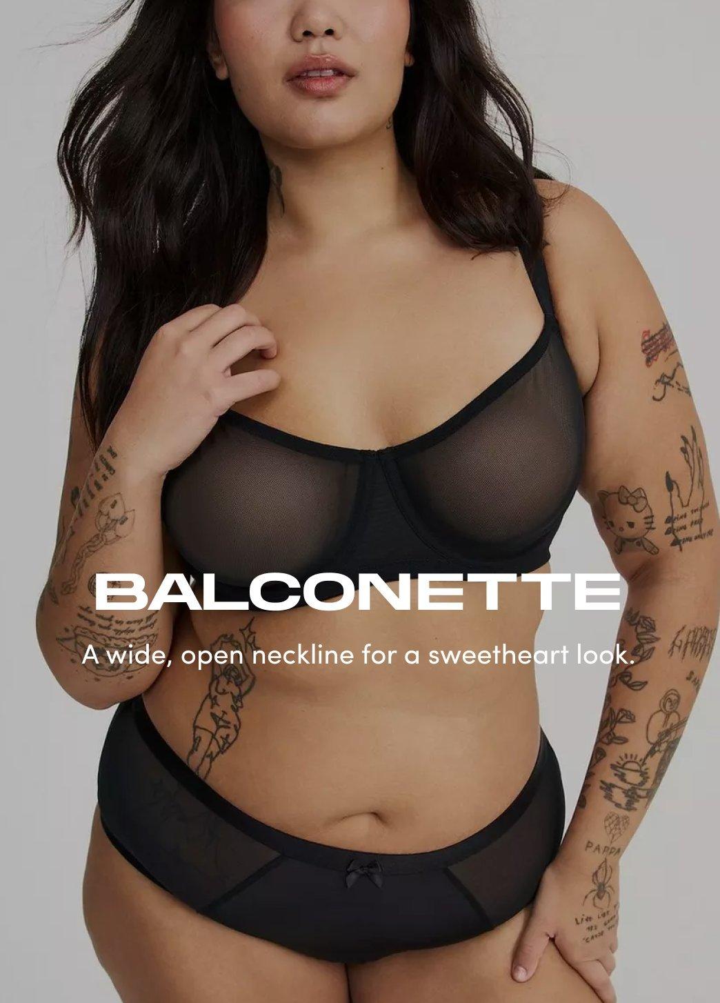 Model wears a black balconette bra with matching panties against a light background. Text reads Balconette A wide open neckline for a sweetheart look.