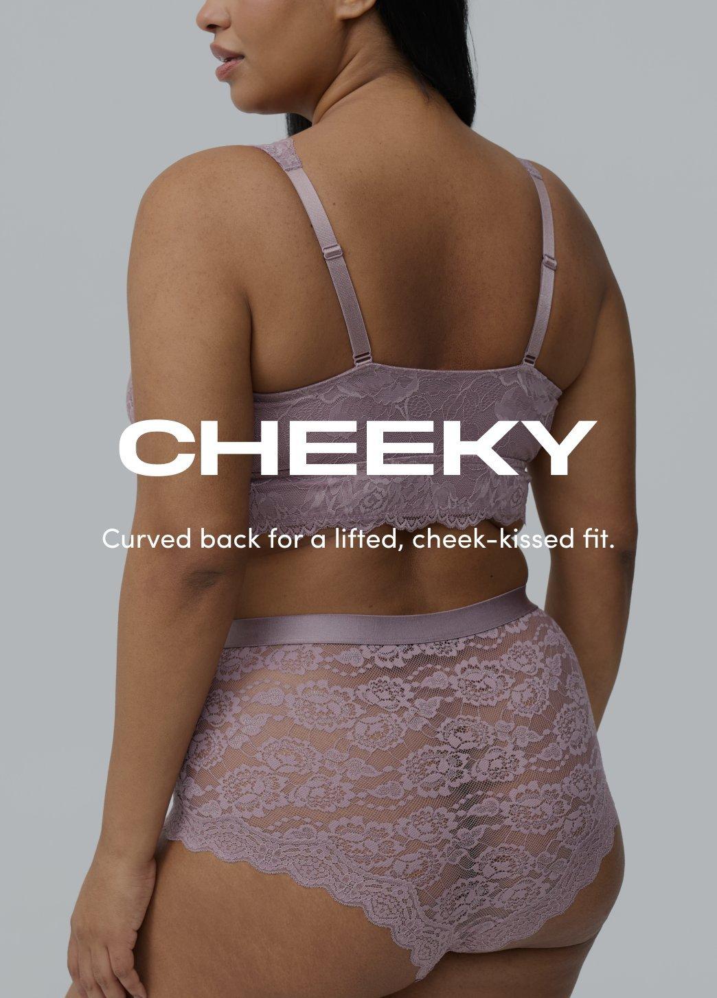 Model shown from the back wearing a mauve lace bra and matching cheeky panties against a light background. On image text reads Cheeky. Curved back for a lifted, cheek kissed fit.