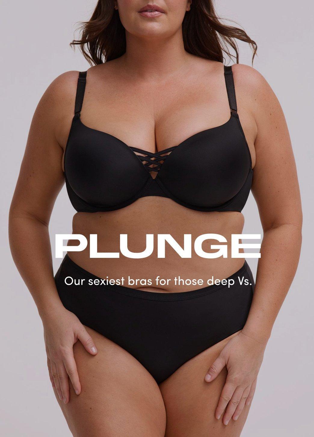 Model wears a black plunge bra with crisscross detail and matching panties against a light background. Text reads Plunge Our sexiest bras for those deep Vs