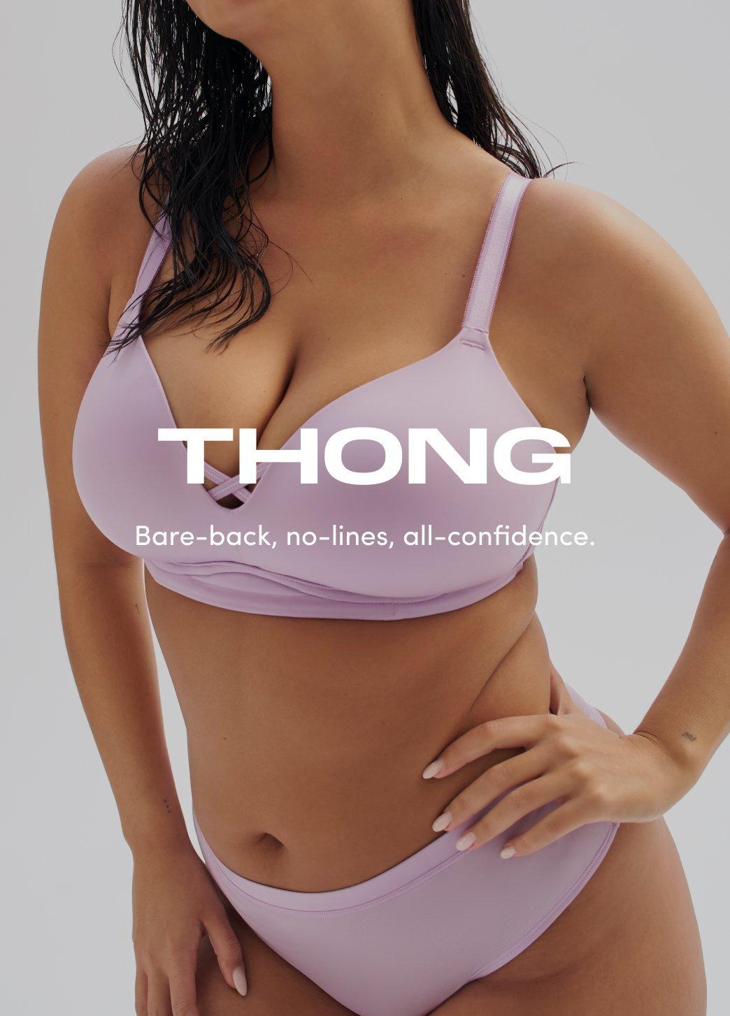 Model wearing a lavender bra and matching thong, shown from chest to hips against a light background. On image text reads Thong. Bare-back, no-lines, all-confidence.