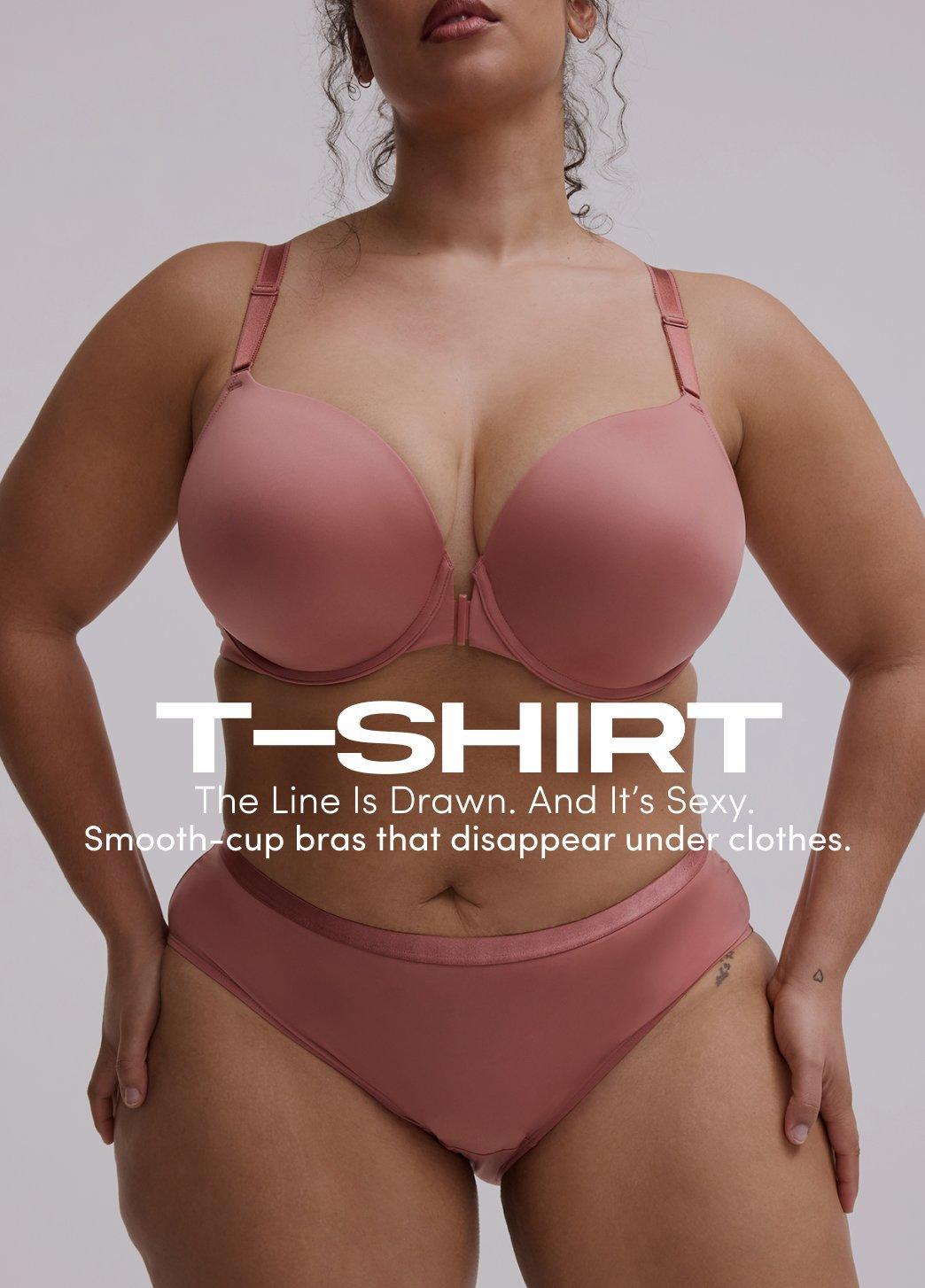 Model wears a mauve smooth cup T shirt bra with matching lace trimmed panties against a light background. Text reads T Shirt Smooth cup bras that disappear under clothes.