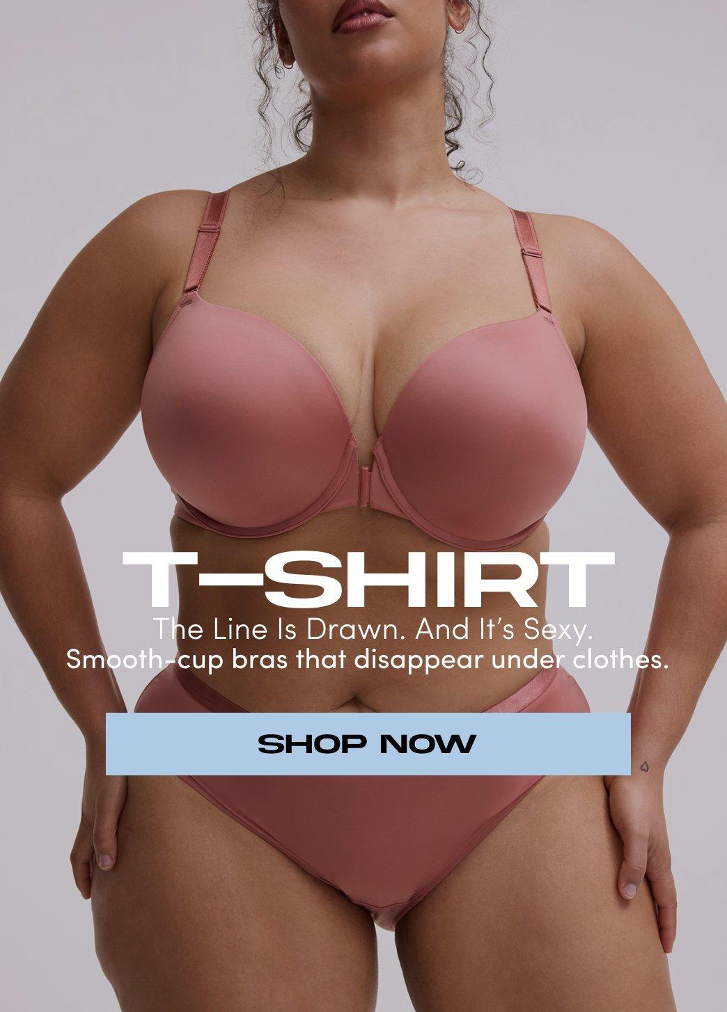 Model wears a mauve smooth cup T shirt bra with matching panties against a light background. Text reads T Shirt Smooth cup bras that disappear under clothes Shop Now.