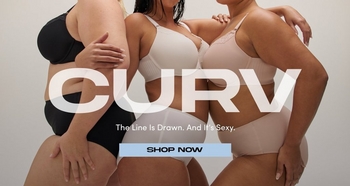 Three models wear bras and panties in black, white, and nude while standing close together against a light background. Text reads CURV Thin luxe and sexy Shop Now.