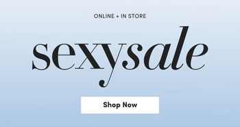 Promotional banner with a light blue gradient background. At the top center, small black text reads 'ONLINE + IN STORE'. Below, large black script text reads 'sexysale' in an elegant serif font. A white button at the bottom center reads 'Shop Now'.