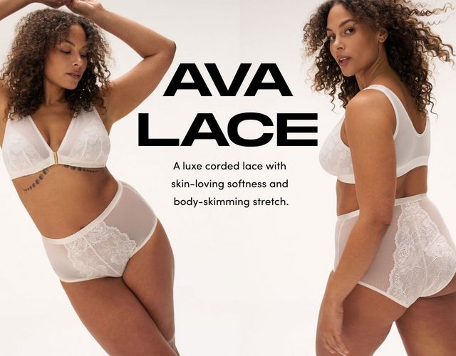 Three views show a model wearing a white lace bra and matching high waist underwear against a light background. Text reads AVA LACE A luxe corded lace with skin loving softness and body skimming stretch.