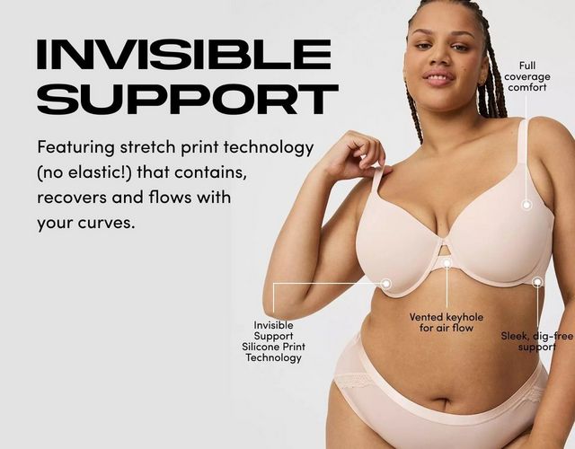 Two views show a model wearing a nude bra and matching panties against a light background. Callouts highlight invisible support silicone print technology, vented keyhole for airflow, full coverage comfort, and extra side coverage. Text reads Invisible Support Featuring stretch print technology that contains, recovers, and flows with your curves..