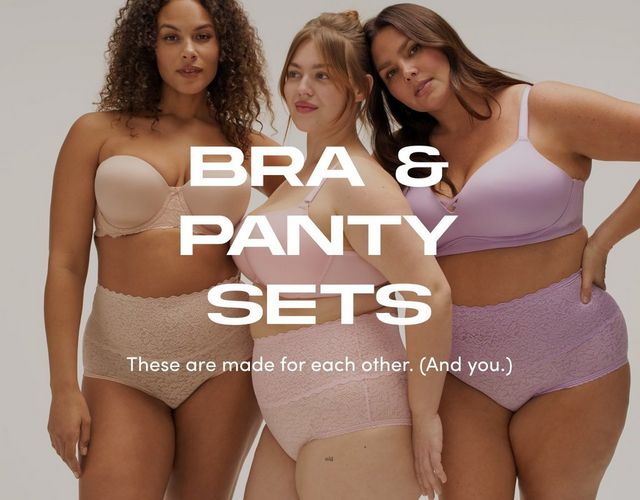 Three models wear coordinated bra and panty sets in nude, blush, and lavender against a light background. Text reads Bra and Panty Sets These are made for each other and you.
