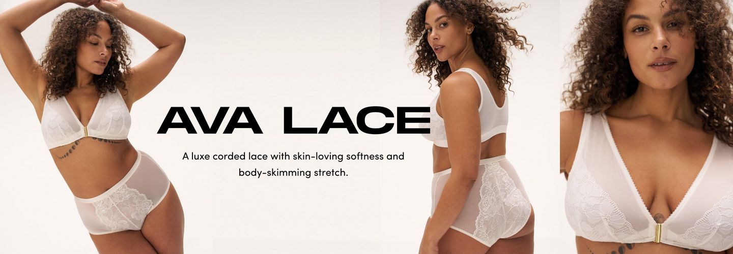 Three views show a model wearing a white lace bra and matching high waist underwear against a light background. Text reads AVA LACE A luxe corded lace with skin loving softness and body skimming stretch.