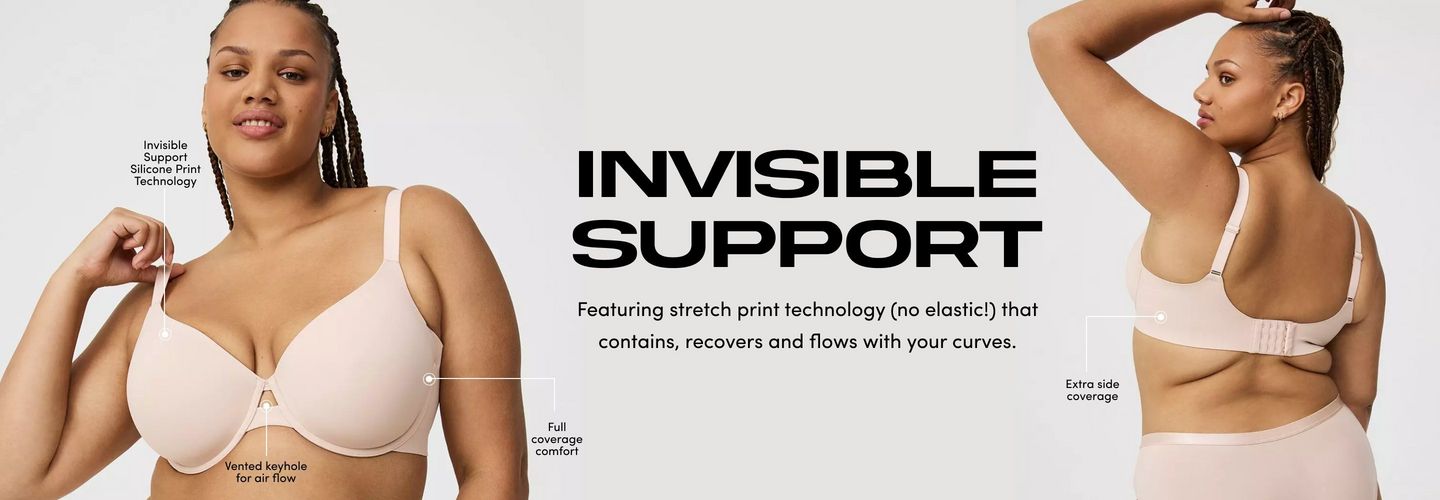 Two views show a model wearing a nude bra and matching panties against a light background. Callouts highlight invisible support silicone print technology, vented keyhole for airflow, full coverage comfort, and extra side coverage. Text reads Invisible Support Featuring stretch print technology that contains, recovers, and flows with your curves..