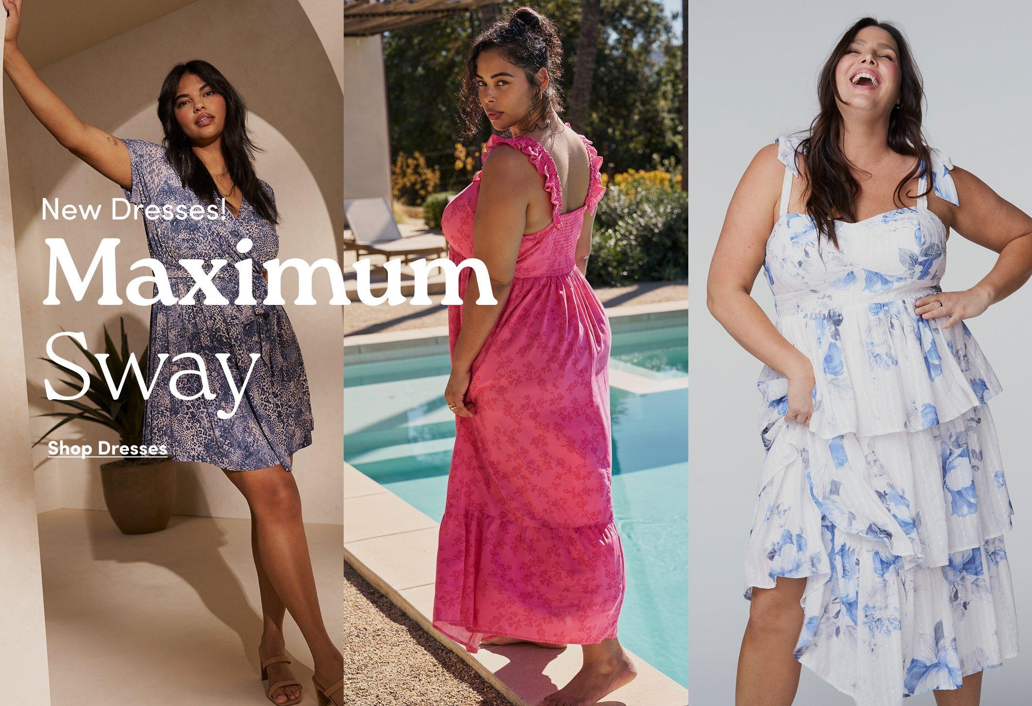 Three women model flowy dresses in blue, pink, and white floral prints. Left panel text reads “New Dresses. Maximum Sway. Shop Dresses.”