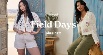 Two women model crochet cardigans and casual spring outfits, standing and sitting near blue wooden doors, with on screen text reading New Field Days and Shop Now.
