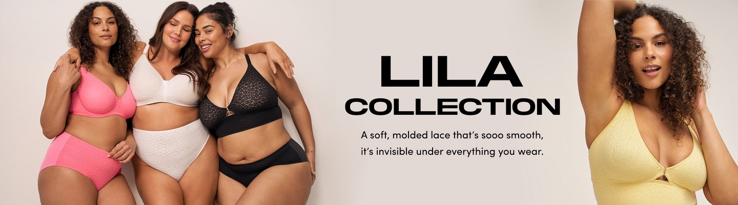 'A wide promotional banner with a light beige background featuring four plus-size models posing together in lingerie. On the left, three models stand close together with their arms around each other. The first model wears a pink lace underwire bra and matching high-waist briefs. The second model in the center wears a white lace wireless bra and matching high-waist briefs. The third model wears a black lace bralette and matching briefs. All three models have long dark hair and are smiling. To the right of the group, a fourth model poses with one arm raised, wearing a yellow lace bralette. She has curly dark hair and smiles at the camera. In the center of the banner in large bold black text reads Lila Collection, with the tagline below in smaller black text reading A soft, molded lace that's sooo smooth, it's invisible under everything you wear.'