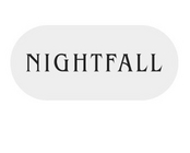 'A white banner featuring a light gray rounded pill-shaped badge containing the dark serif text Nightfall. A red circle in the upper right corner of the badge contains the white text New!'