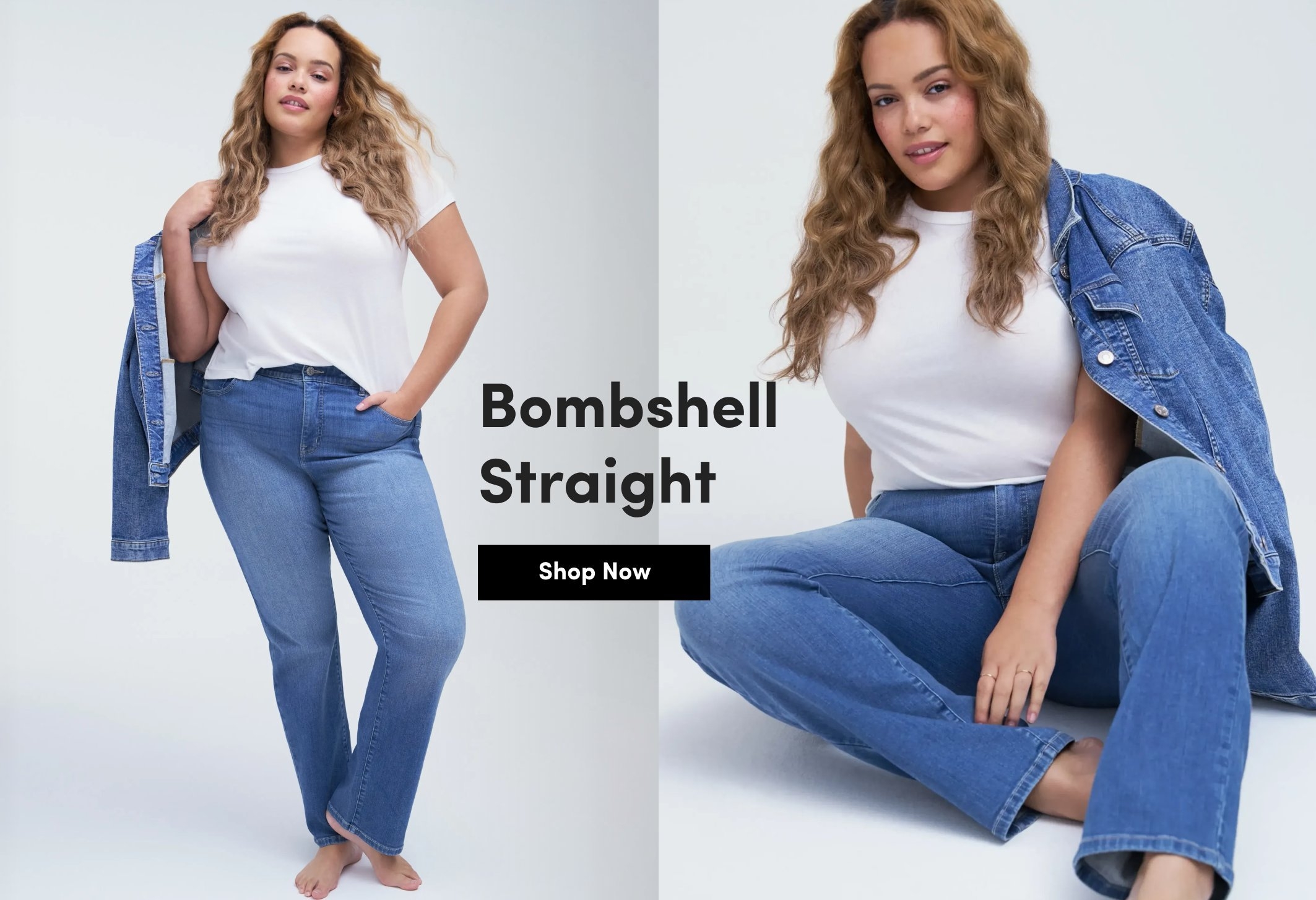 model wearing light wash straight leg jeans styled with a white tee and denim jacket, shown standing and seated against a white background. Text reads “Bombshell Straight” and “Shop Now.”