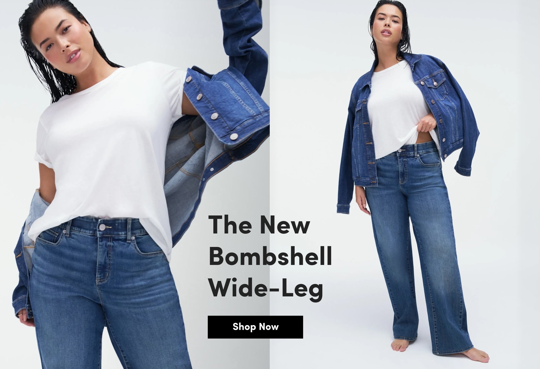 model wearing mid wash wide leg jeans styled with a white tee and denim jacket, shown in close up and full length against a white background. Text reads “The New Bombshell Wide-Leg” and “Shop Now.”