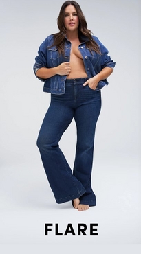 A woman with long dark brown hair stands barefoot against a white background with one hand in her pocket. She wears an open medium wash denim jacket with no top underneath and dark wash high-rise flare jeans. Bold black text at the bottom reads 'Flare'.