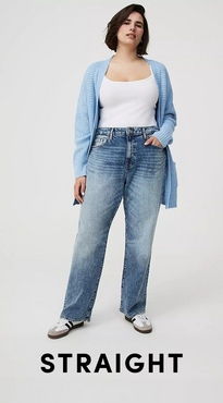 A woman with short dark hair stands against a white background with one hand in her pocket, wearing white and gray sneakers. She wears a white square-neck sleeveless top, a light blue open-front chunky knit cardigan, and light wash high-rise straight-leg jeans. Bold black text at the bottom reads 'Straight'.