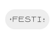 'A white banner featuring a light gray rounded pill-shaped badge on the right side containing the dark text plus FESTI plus with small four-pointed star decorations flanking the name and a trademark symbol.'