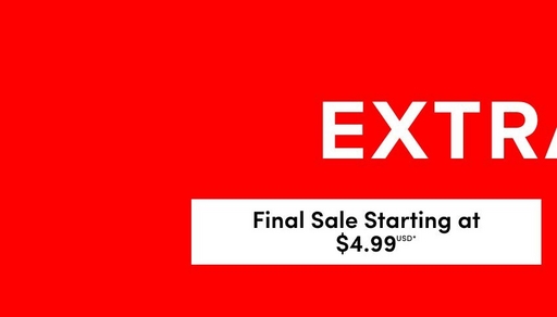 'A wide promotional banner with a bold red background. At the top center in small white text reads Online Only. In large bold white text reads Extra 50% Off Clearance. Below is a white rectangular bar with the bold black text Final Sale Starting at $4.99 USD with an asterisk.'
