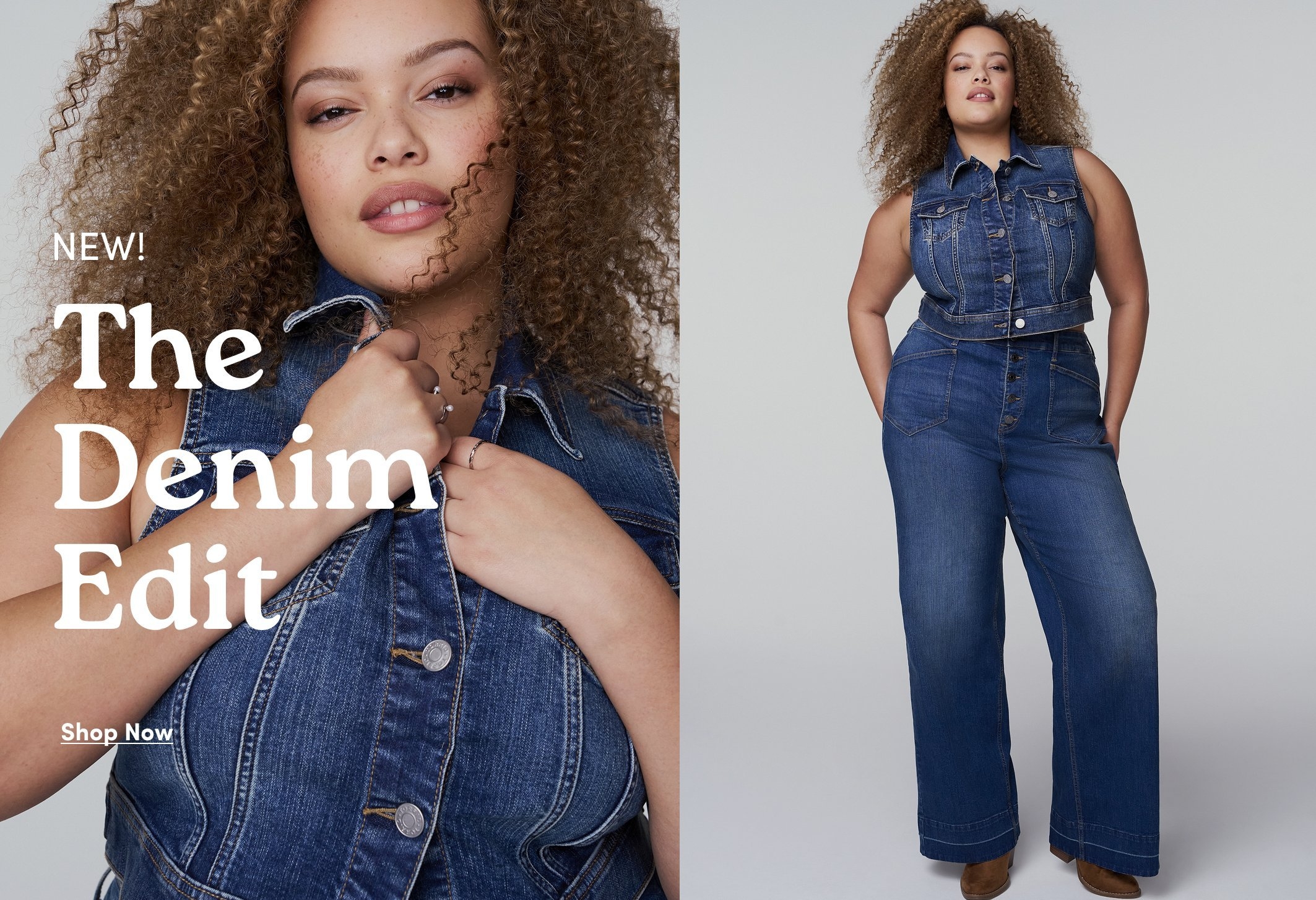 Promotional image for the denim collection featuring a model wearing a sleeveless dark wash denim top and matching wide leg jeans. Text reads “New! The Denim Edit” with “Shop Now” below.