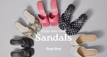Flat lay of four pairs of tan and brown Torrid brand sandals on a gray background. Text reads Final Touch. Fresh In Sandals. Shop Now.