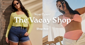 Split banner image promoting The Vacay Shop. Left side shows a model wearing a lime green ribbed tie-front top, dark denim shorts, and sunglasses while standing against a wall. Right side shows a model in a coral and white striped bikini with a sheer cover-up and sunglasses outdoors near a wooden structure. Center text reads “Now Open! The Vacay Shop” with “Shop Now” below.