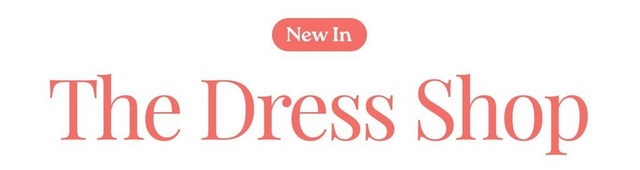 'A white banner featuring a coral pink rounded pill-shaped badge at the top center with the white text New In, followed by the text The Dress Shop in large coral pink serif text.'