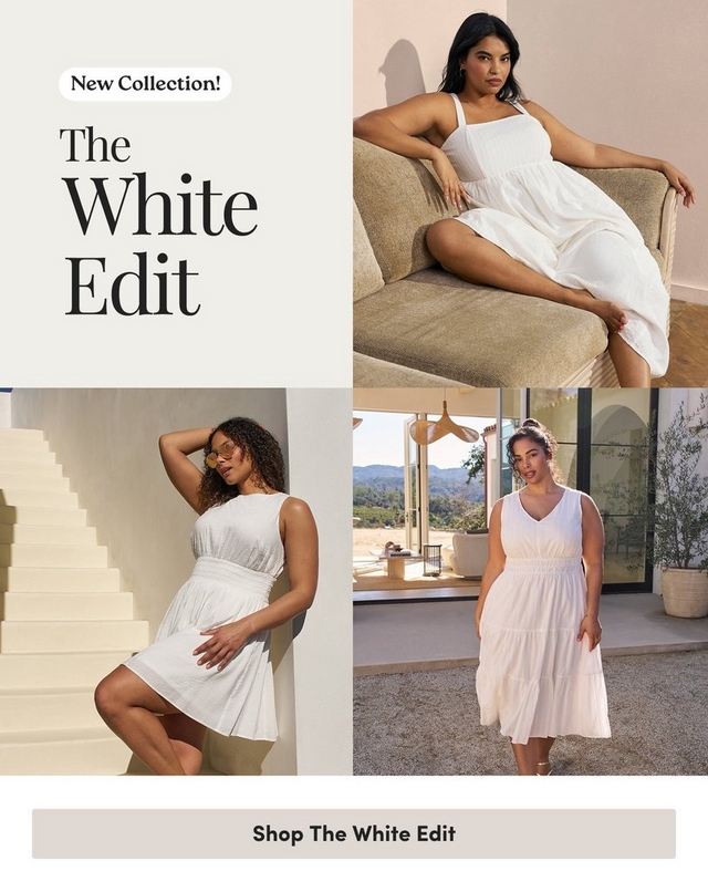 A promotional banner for 'The White Edit' new collection arranged in a grid layout on a cream background. The upper left quadrant contains text reading 'New Collection!' in a pill-shaped label above the large heading 'The White Edit' and a 'Shop The White Edit' button at the bottom of the banner. The upper right photo shows a woman with dark hair and hoop earrings seated on a tan textured sofa wearing a white sleeveless square-neck midi dress with a tiered skirt, against a warm beige wall with herringbone wood flooring. The lower left photo shows a woman with curly hair and tinted sunglasses leaning against white stairs outdoors wearing a white sleeveless mini dress with a smocked waist and eyelet hem detail. The lower right photo shows a woman with her hair up standing in a modern interior with floor-to-ceiling windows overlooking hills, a hanging rattan pendant light, and a potted plant, wearing a white sleeveless V-neck tiered midi dress with a smocked waist.