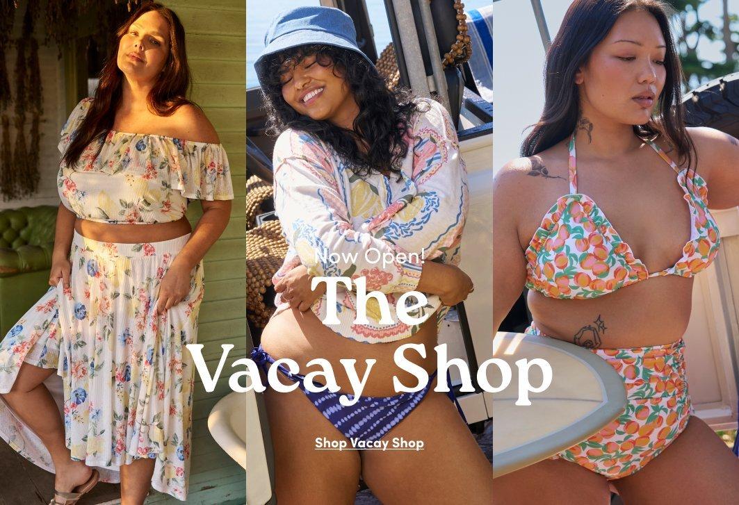 Three models in a floral off-the-shoulder set, a patterned long-sleeve top with blue bikini bottoms, and an orange-print bikini. Text: Now Open! The Vacay Shop. Shop Vacay Shop.
