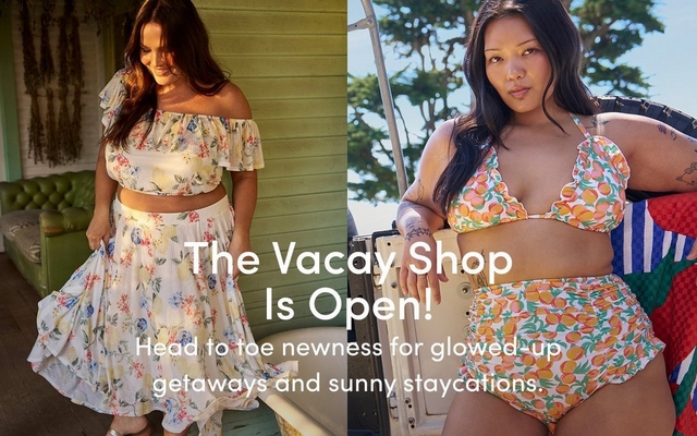 A promotional banner with the heading 'The Vacay Shop Is Open!' and tagline 'Head to toe newness for glowed-up getaways and sunny staycations.' in white text overlaid across two side-by-side photos. On the left, a woman with long dark brown hair looks down and smiles on a warm sunlit porch with green wood siding and hanging dried botanicals, wearing a white off-the-shoulder ruffle crop top and matching white floral midi skirt with pink, blue, and yellow flowers and a tiered ruffle hem. On the right, a woman with long dark hair and tattoos on her arms leans against a colorful patterned surfboard outdoors with trees and blue sky behind her, wearing an orange and white citrus fruit print ruffle triangle bikini top and matching high-waist ruched bikini bottoms.
