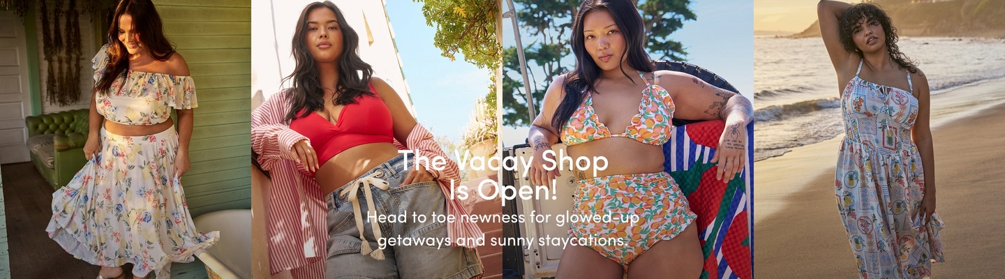 A promotional banner with the heading 'The Vacay Shop Is Open!' and tagline 'Head to toe newness for glowed-up getaways and sunny staycations.' in white text overlaid across four side-by-side photos. In the first photo, a woman with long dark brown hair looks down and smiles on a warm sunlit porch with green wood siding and hanging dried botanicals, wearing a white off-the-shoulder ruffle crop top and matching white floral midi skirt with pink, blue, and yellow flowers and a tiered ruffle hem. In the second photo, a woman with long dark hair sits casually outdoors in front of a light blue structure and trees, wearing a red V-neck bikini top and an open red and white striped button-front shirt with light wash denim tie-waist shorts. In the third photo, a woman with long dark hair and tattoos on her arms leans against a colorful patterned surfboard outdoors with trees and blue sky behind her, wearing an orange and white citrus fruit print ruffle triangle bikini top and matching high-waist ruched bikini bottoms. In the fourth photo, a woman with curly dark hair and hoop earrings stands on a sandy beach at golden hour with ocean waves behind her, one arm raised, wearing a white sleeveless smocked midi dress with a colorful vintage-style postcard print.