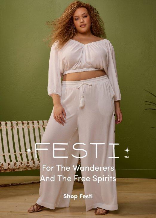 Torrid Festi collection advertisement: Model in a white off-the-shoulder crop top and wide-leg drawstring pants. Text: FESTI For The Wanderers And The Free Spirits. Shop Festi.