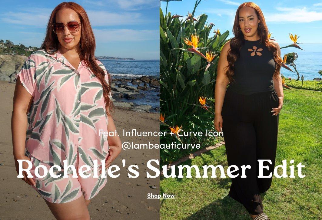 Influencer @iambeautycurve in a leaf-print set and black cutout top.