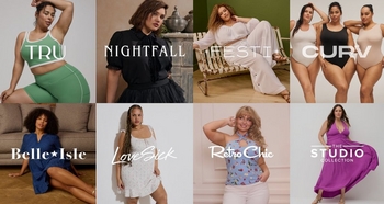 A grid of eight panels showcasing various brands: TRU (model in green activewear), NIGHTFALL (model in black lace top), FESTIA (model in white festival outfit), CURV (three models in neutral bodysuits), Belle Isle (model in navy tiered dress), Love Sick (model in white floral mini dress), Retro Chic (model in light blue floral halter top), and THE STUDIO COLLECTION (model in purple maxi dress). Each panel includes the brand name in bold white text.